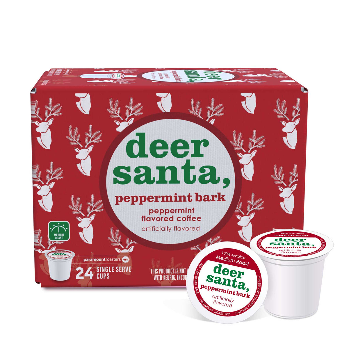 Deer Santa Peppermint Bark Flavored 24ct Single Serve Coffee