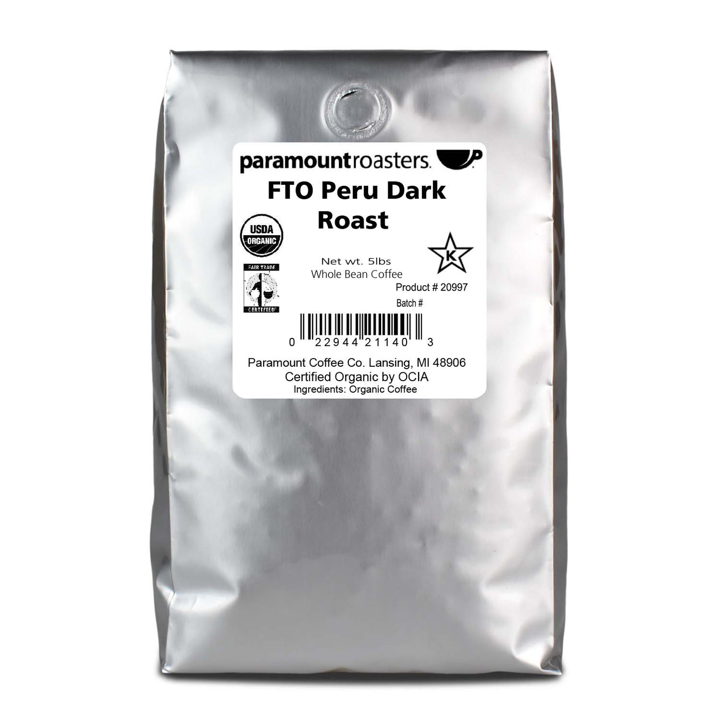 Fair Trade Organic Peru Dark Roast 5lb Whole Bean Coffee